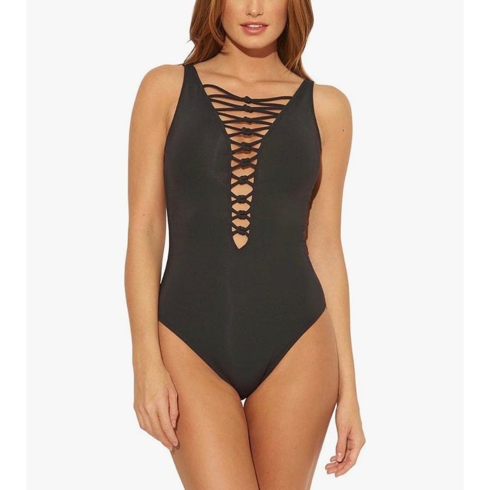 Bleu Rod Beattie One Piece Swimsuit Women 6 Black Macrame Lace Up Plunge Boho